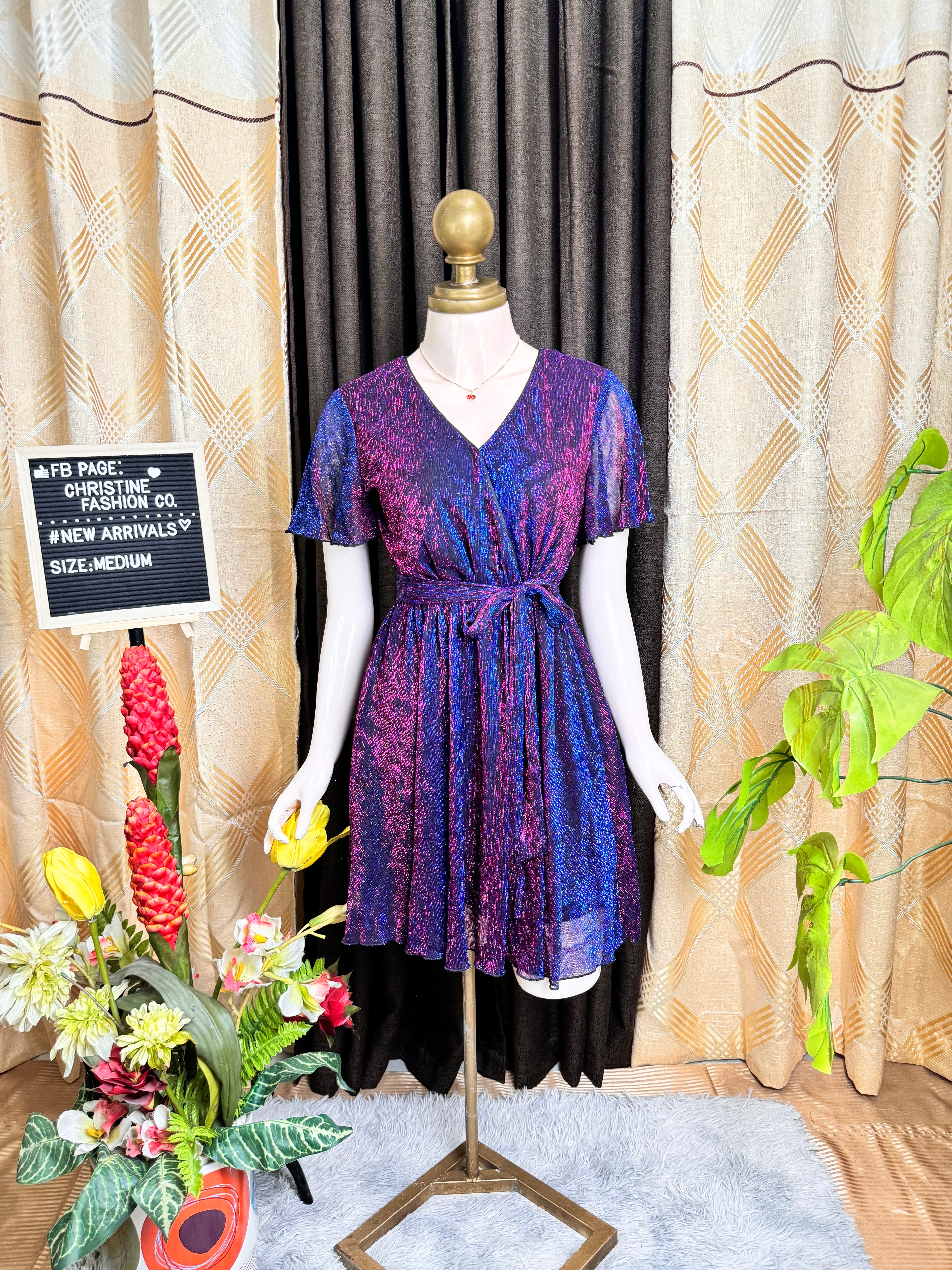 Surplice Neck Belted Glitter Party Dress