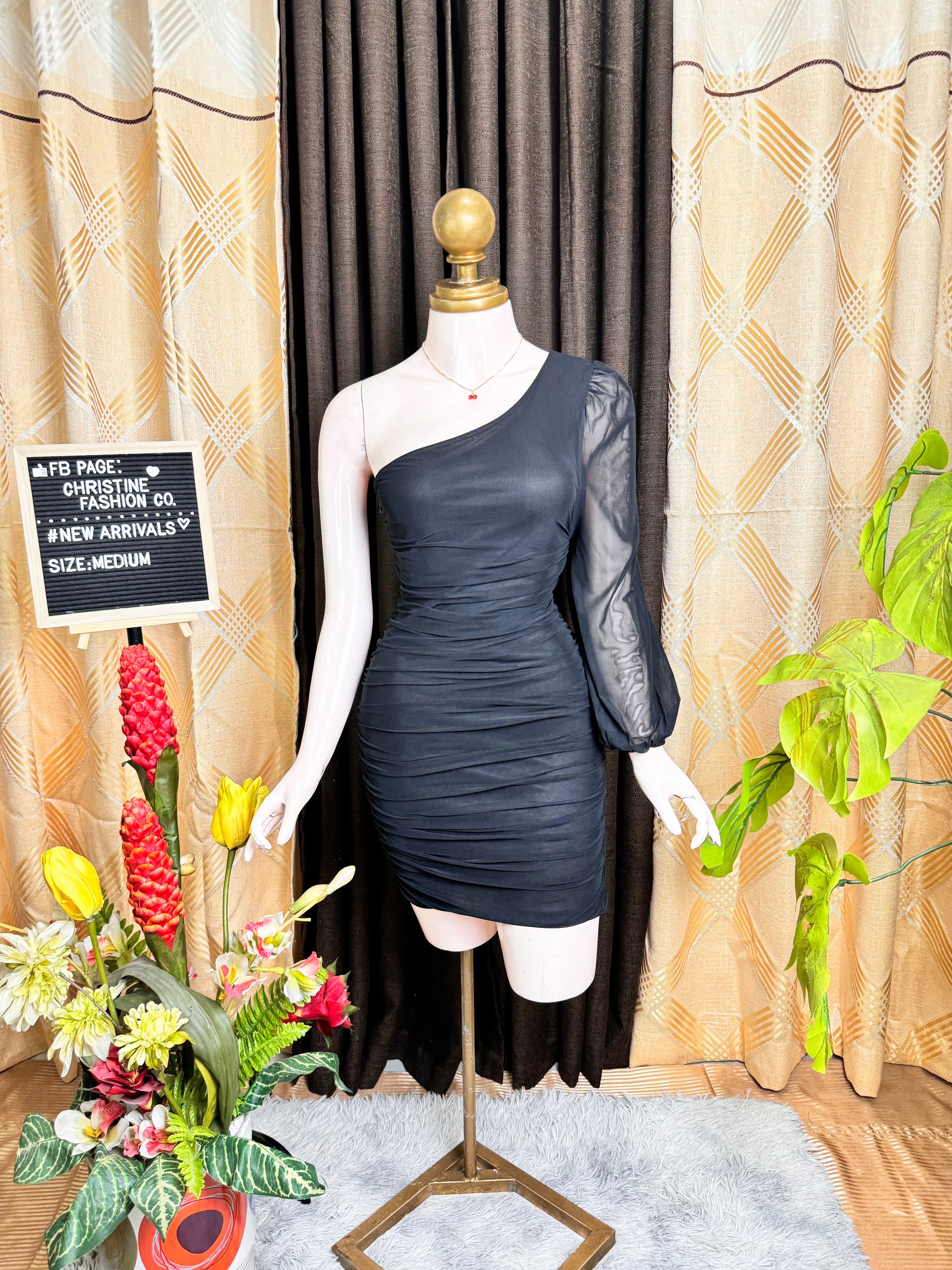 Black One-sided Mesh Bodycon Dress