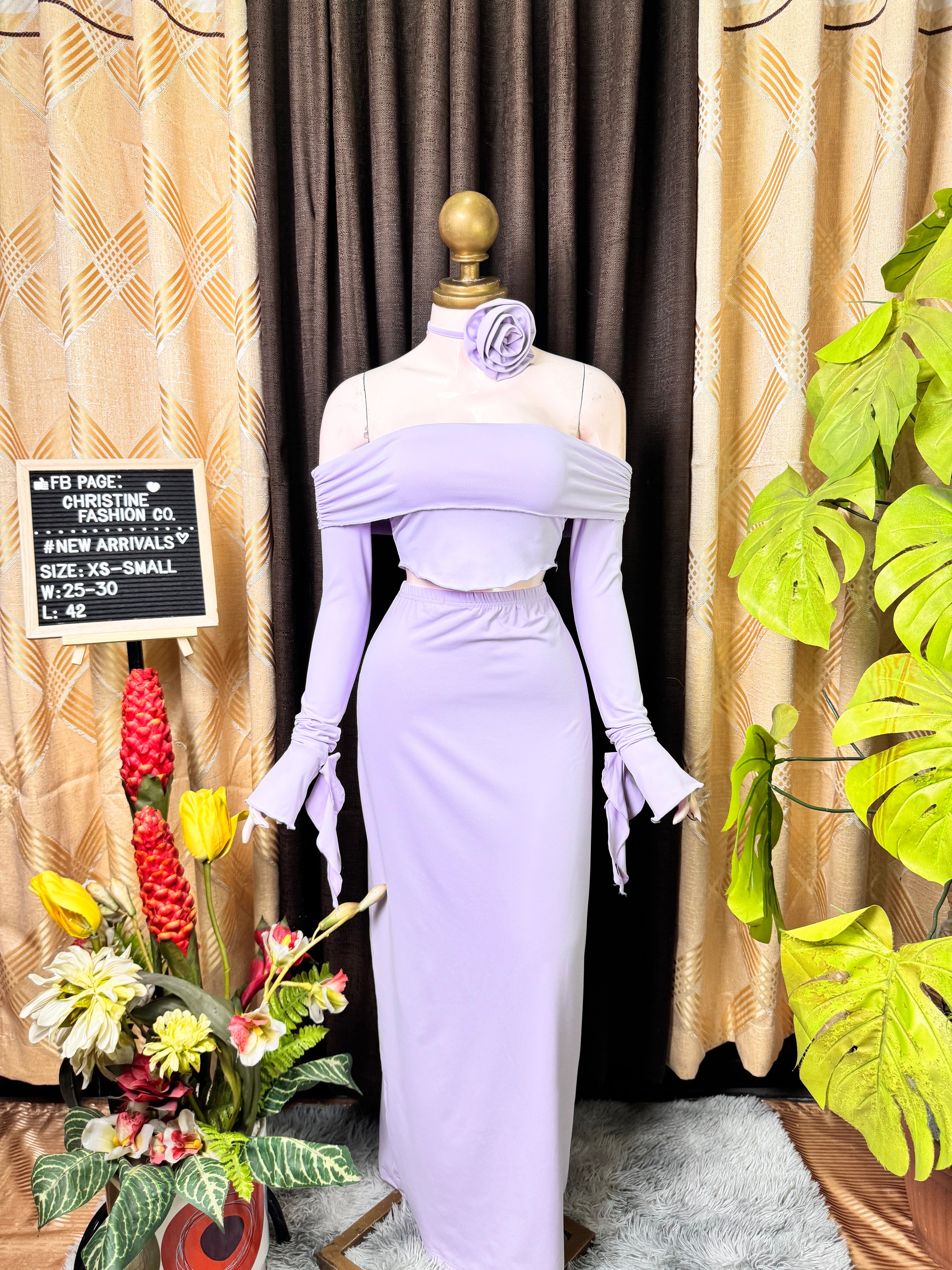 Elegant Lavender Offshie and Long Skirt with Flower Coords Outfit