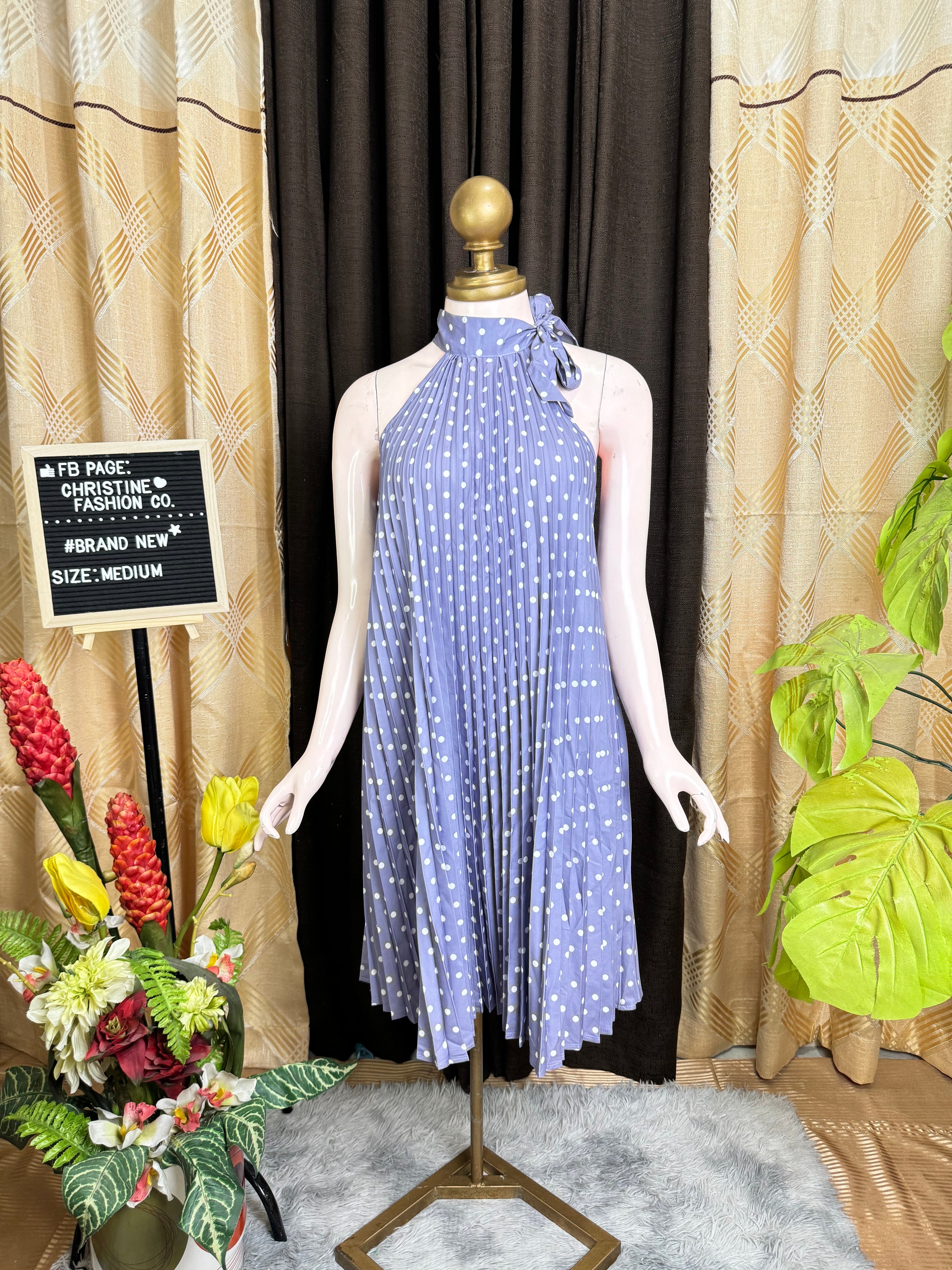 Blue Halter-Neck Pleated Dress