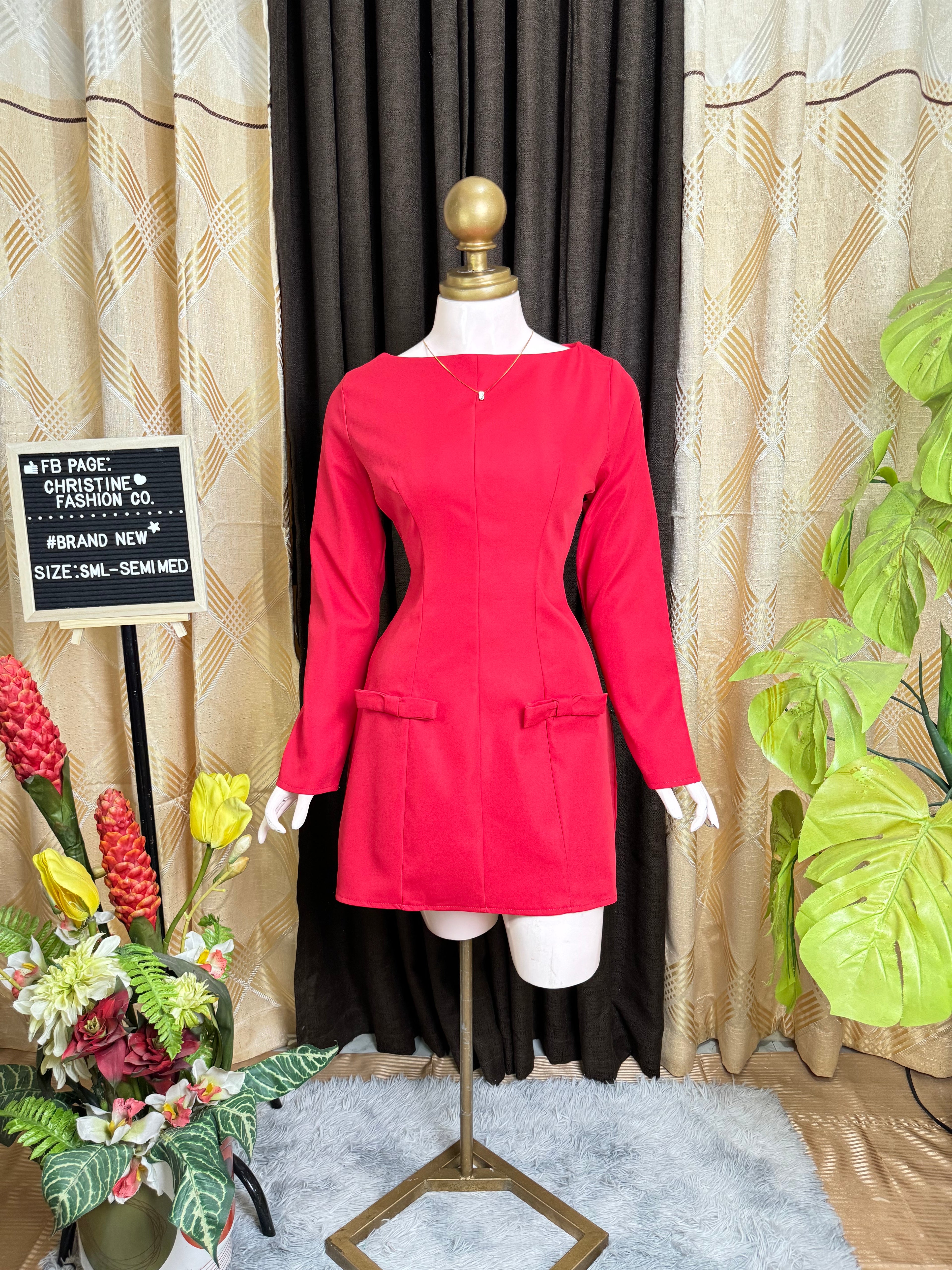 Casual Red Long-sleeved Dress