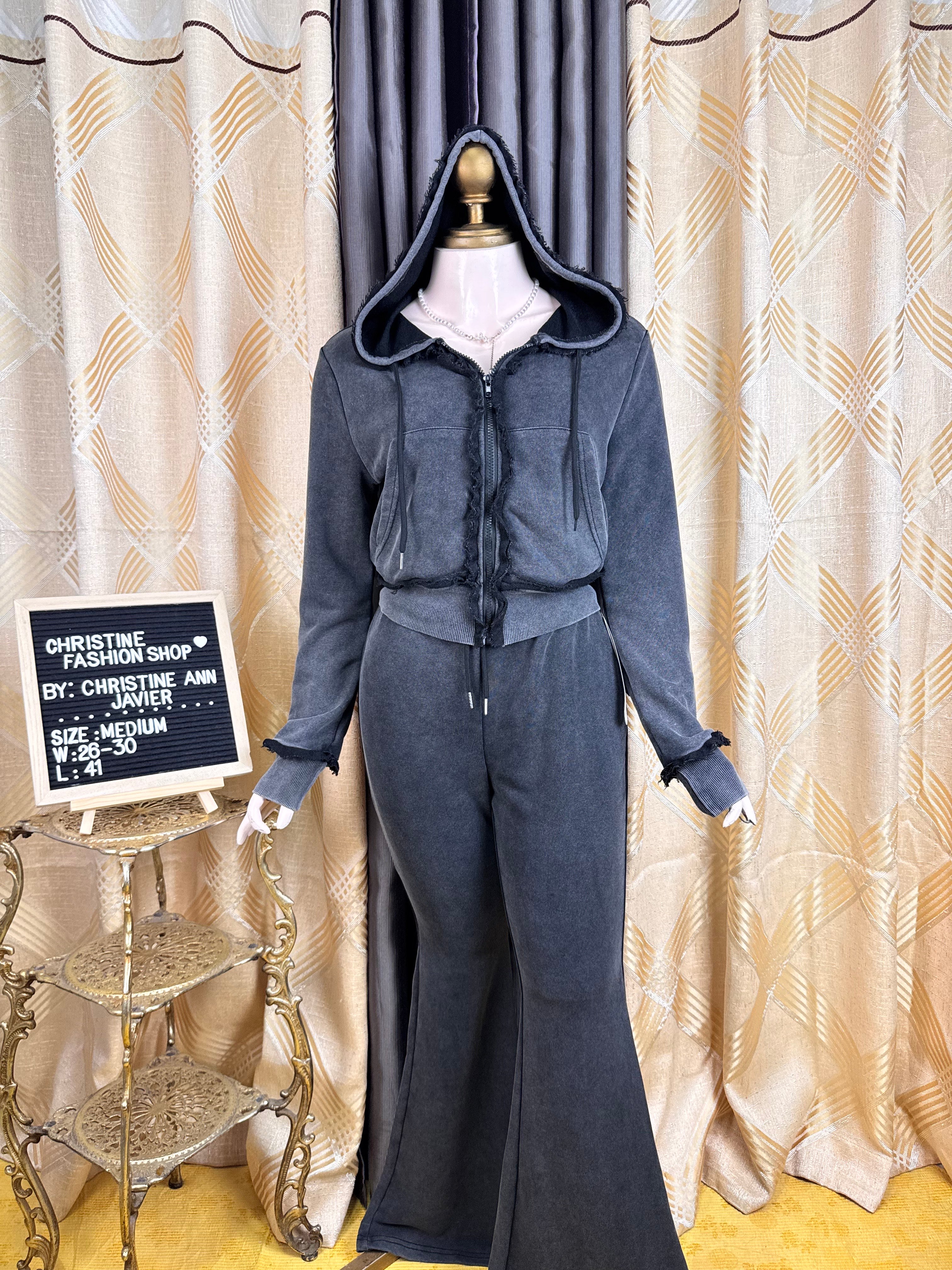 Trendy Acid Black Long-sleeve Hoodie Top Jacket and Jogger Pants