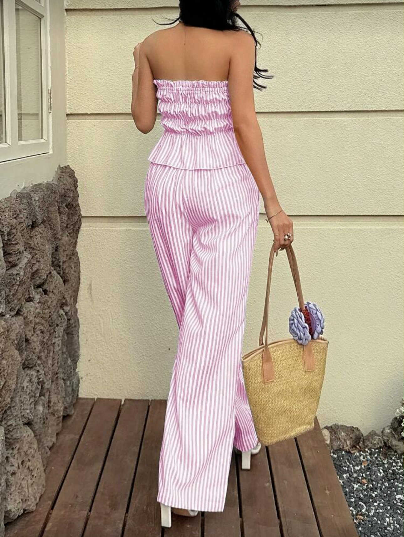 Casual Stripe Barbie Pink Tube and Pants