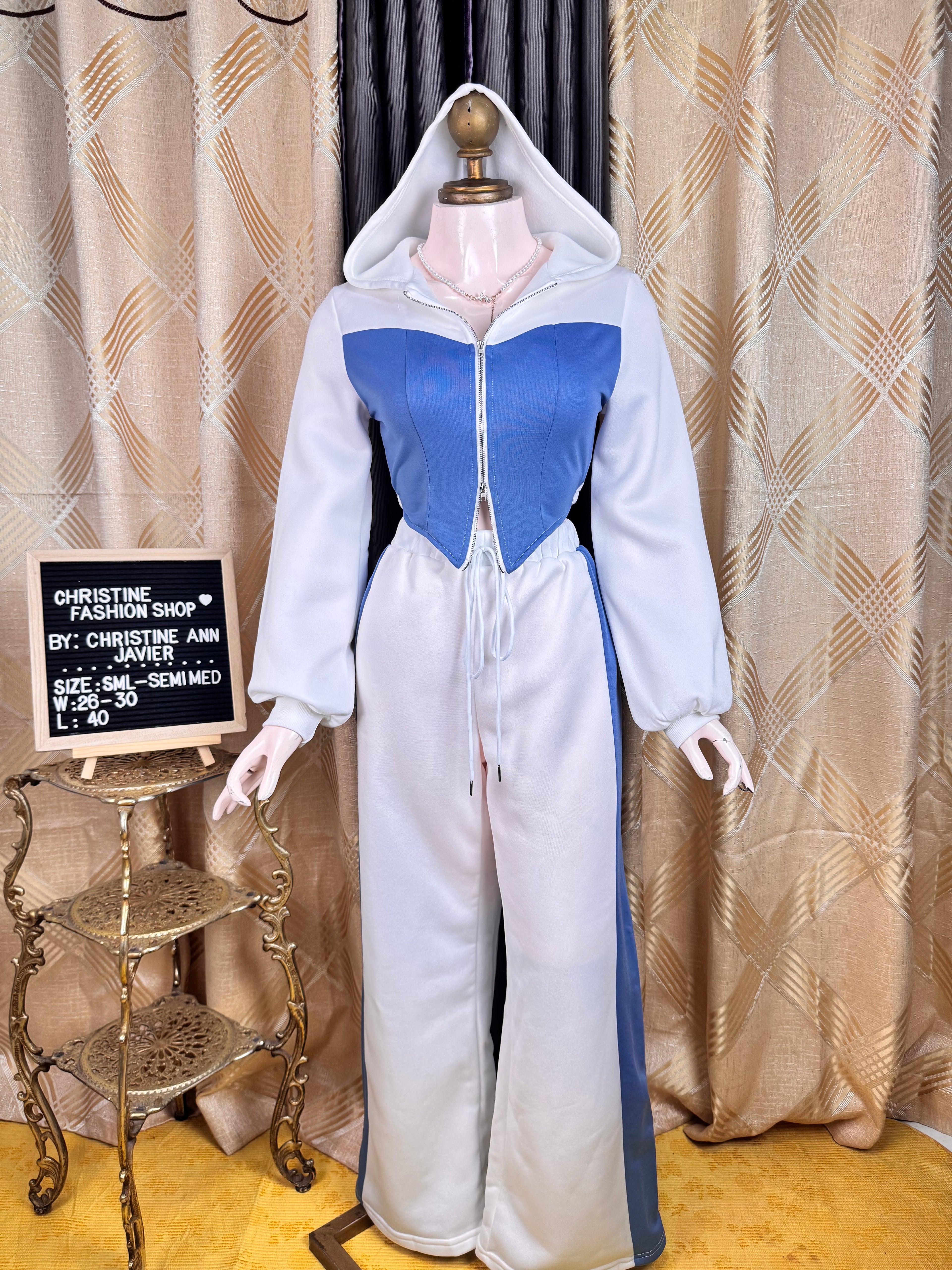 White and Blue Double Zip Hooded Top and Jogger Pants