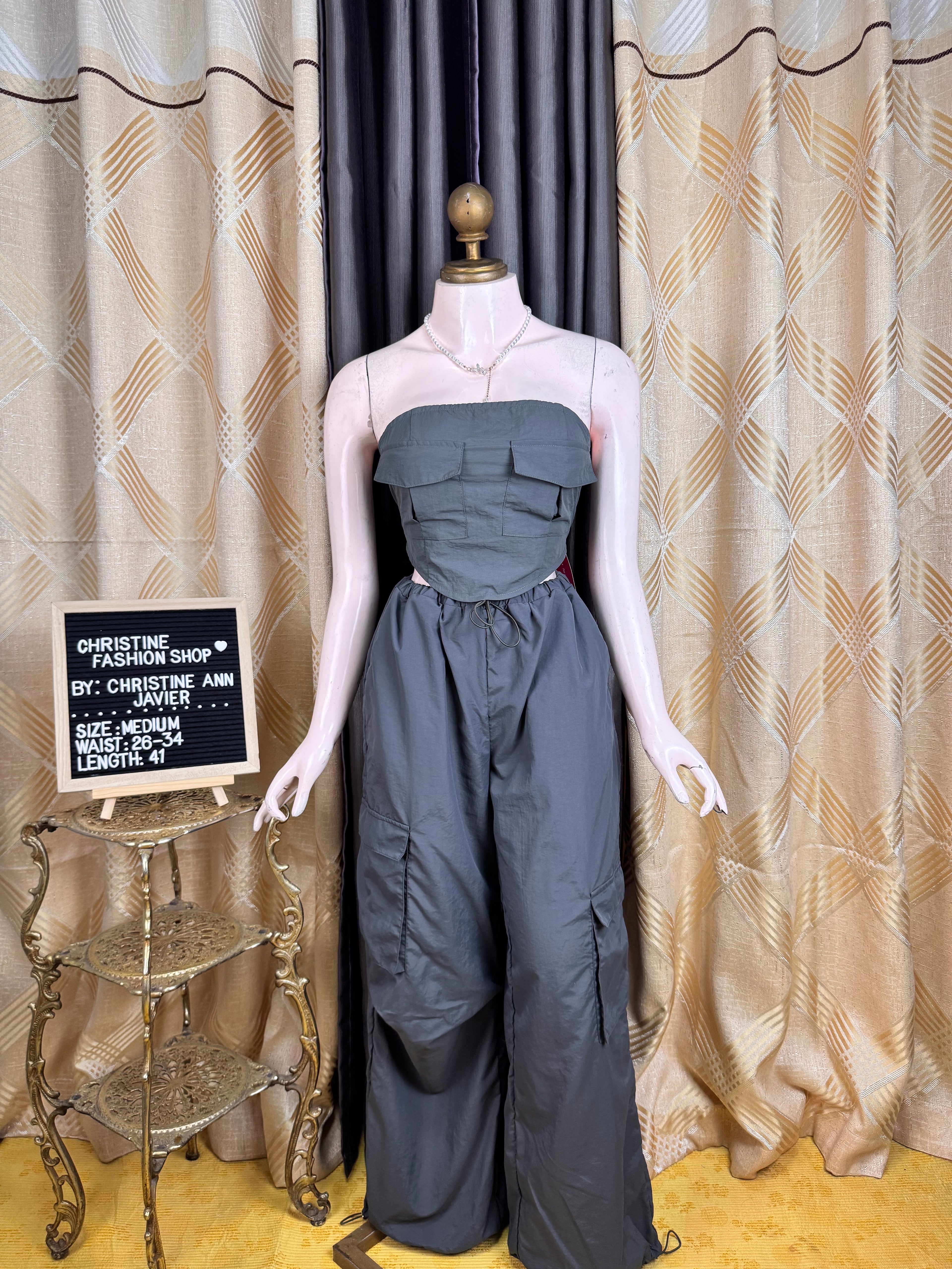 Grey Tube Top and Cargo Pants Coord-Set