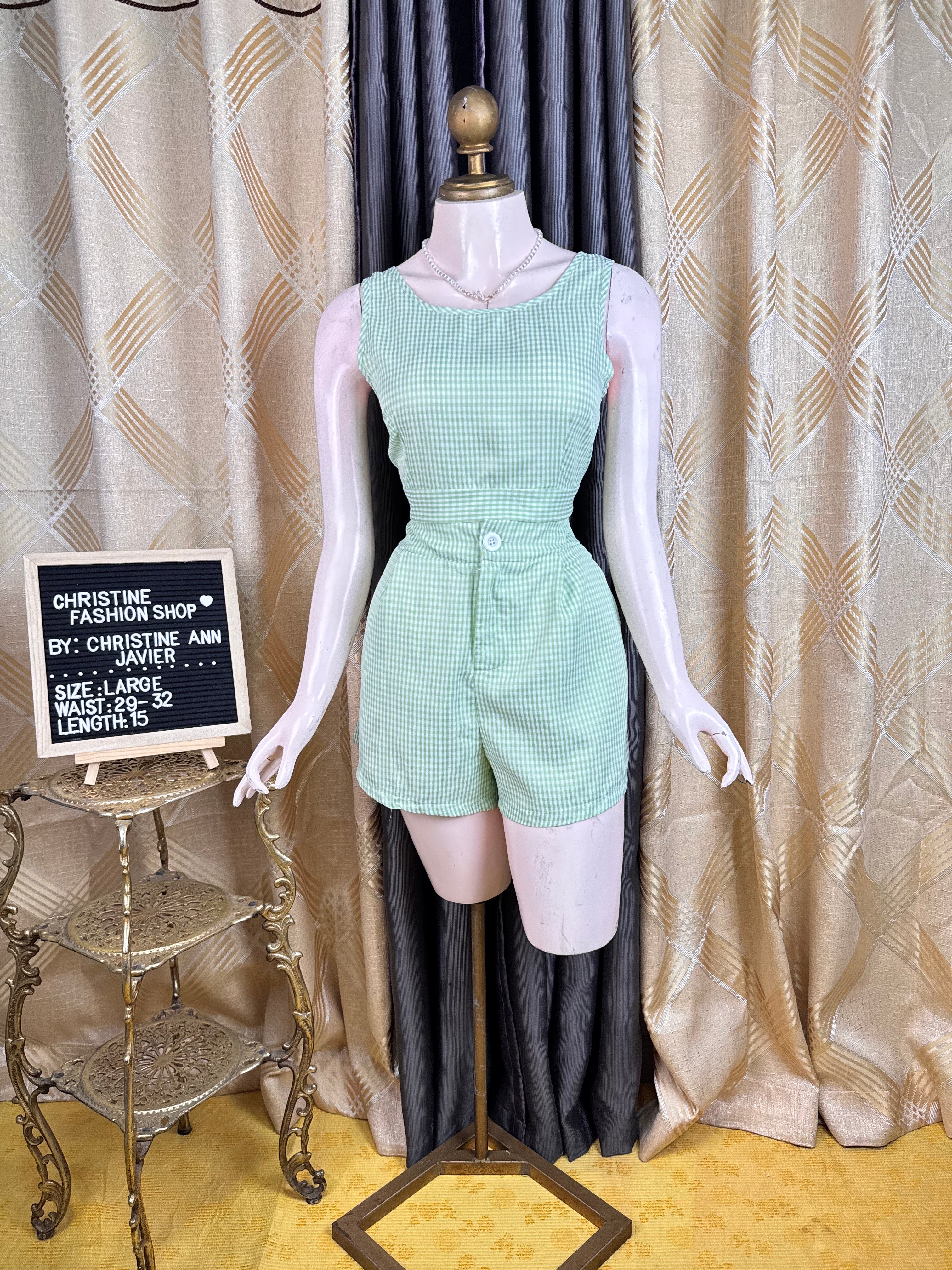 Stripe Green Casual Sleeveless Shirt and Short