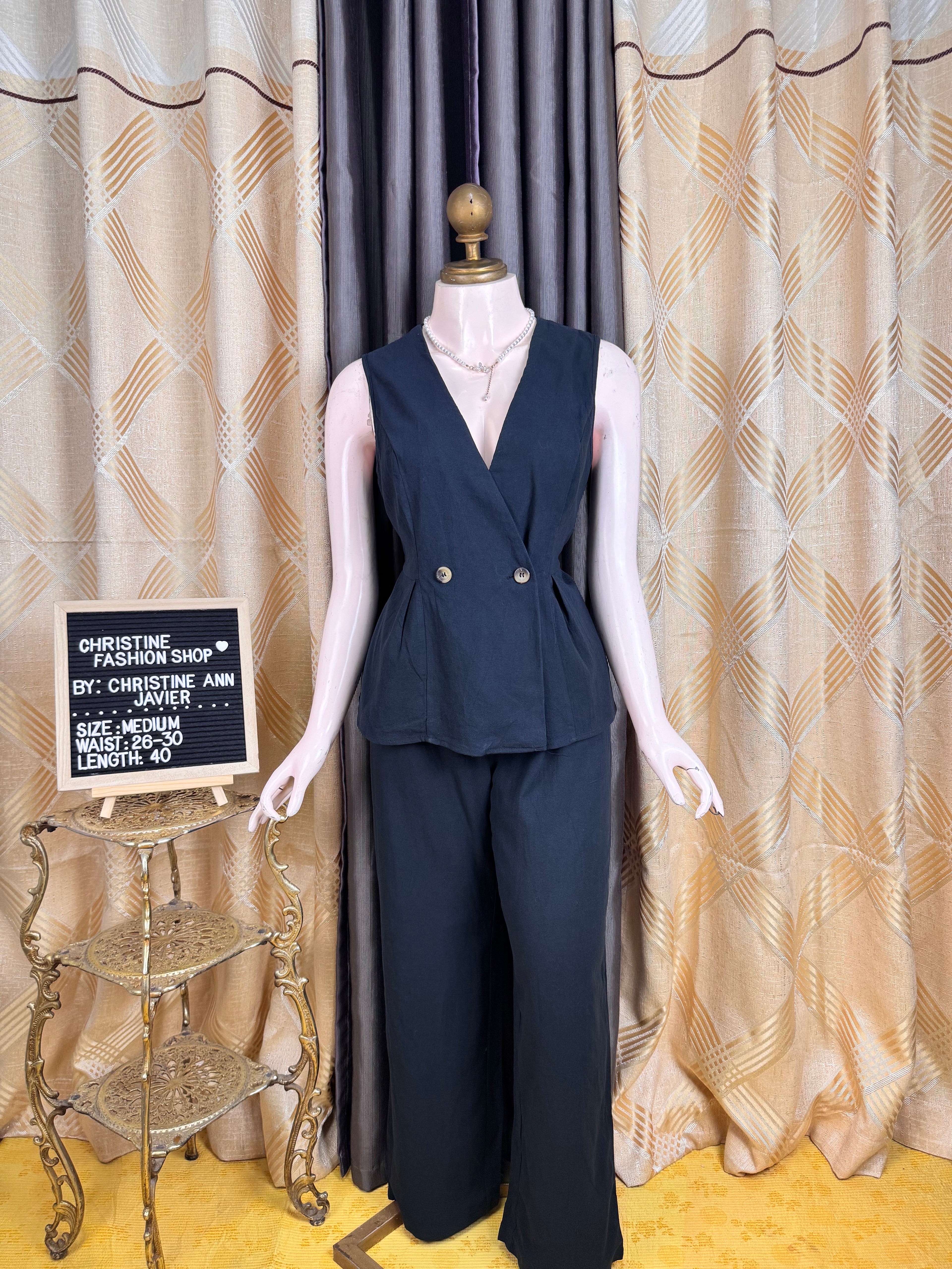 Black Casual Vest and Trouser Pants Coord-Set