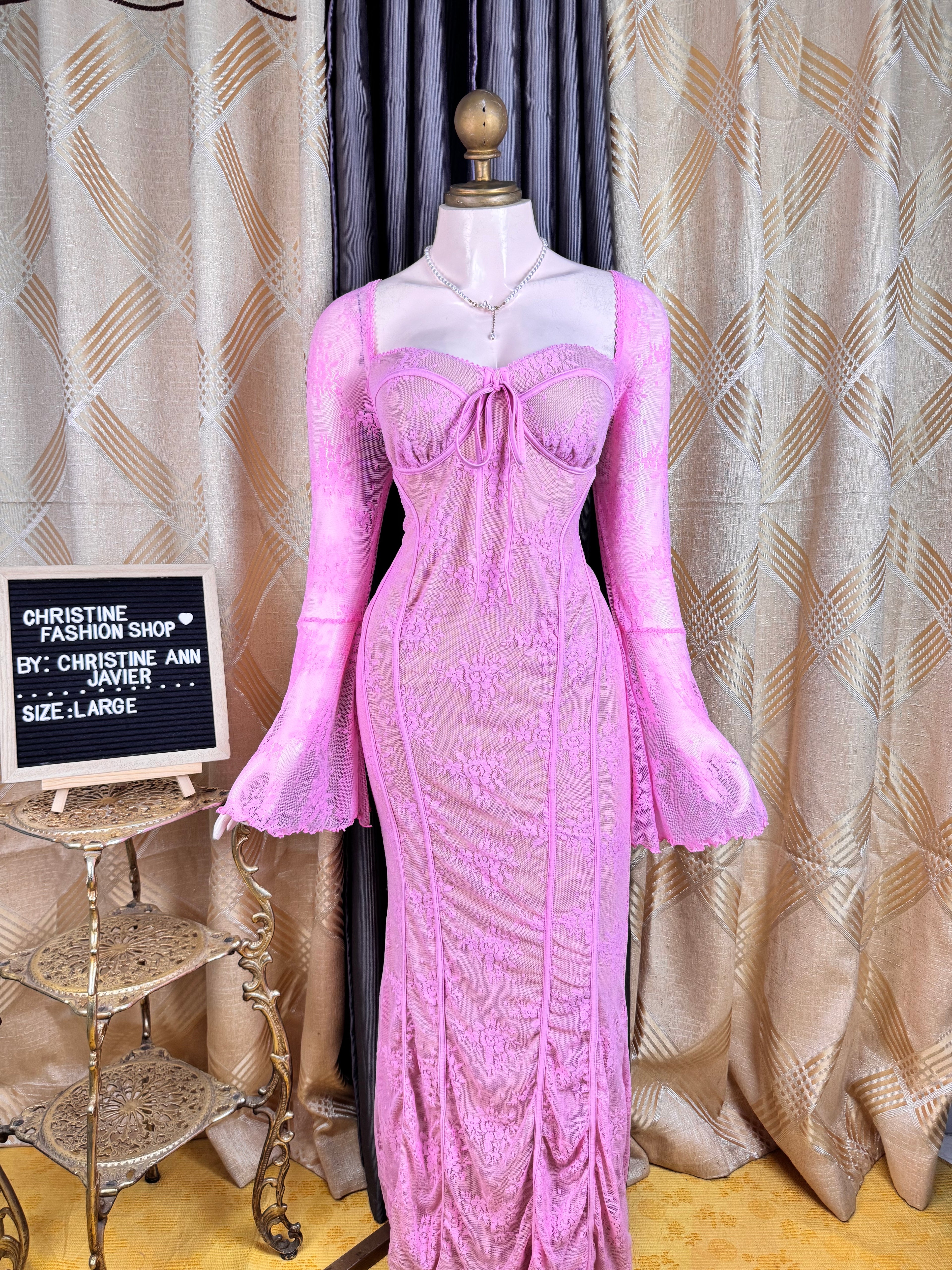 Elegant Pink Long-sleeve Dress