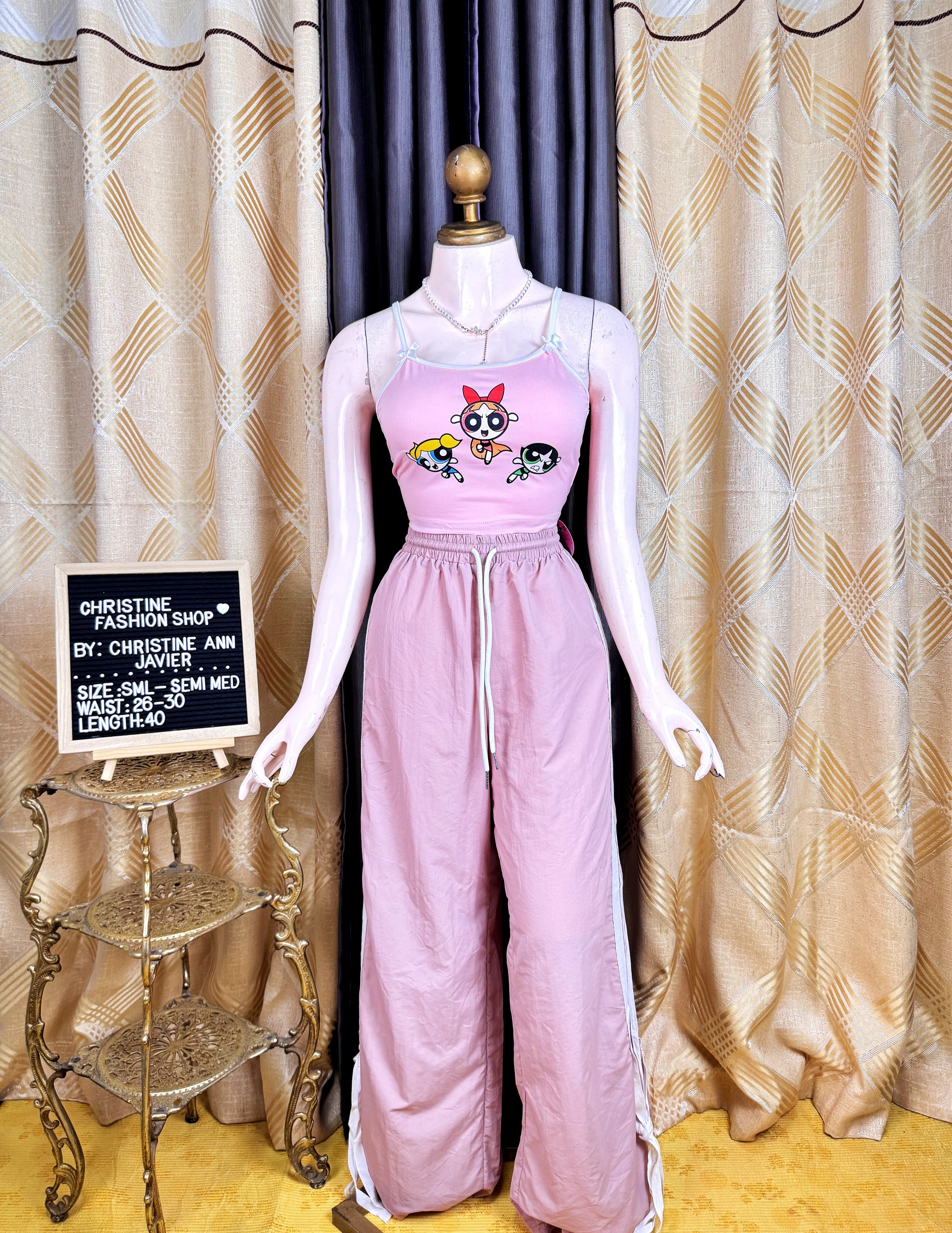 Pink Collab Sleeveless Powerpuff Girls Shirt and Jogger Pants Coord-Set